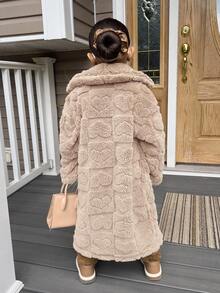 女童纯色休闲珊瑚爱心图案毛绒中长款翻领长袖外套，适合秋冬季穿着 - 駝色 - 查看 2