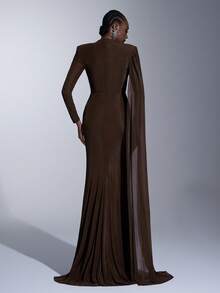 Elitara Elegant Luxurious Stretchy Mesh Sleeve Ruffle Hem Sexy Slit Fishtail Dress With Sequins, Suitable For Weddings, Events, Singles Parties, Vacations, Galas, Formal Occasions - Coffee Brown - View 3