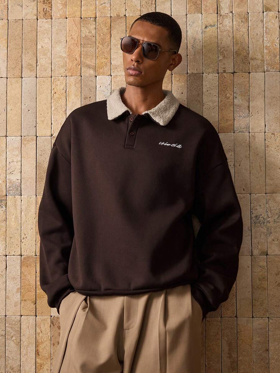 Manfinity Unisex 男士针织休闲宽松保暖长袖运动衫，秋冬 - 棕色 - 查看 1