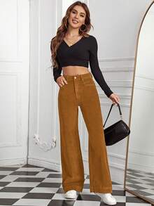 SHEIN EZwear Women's High Waist Pockets Wide Leg Loose Casual Versatile Denim Pants - Mocha Brown - View 4