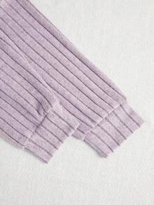 SHEIN Girls Ribbed Knit V-Neck Long Sleeve Pajama Set, Casual Loungewear For Autumn/Winter - Mauve Purple - View 5