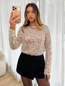 Siren Gaze Women's Sequin Boat Neck Long Sleeve Loose Top,Sparkly Gold Bling Top,New Year Elegant Party,Polka Dot Black And White,Autumn,Seductive,Night Out - Silver - View 4