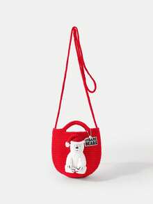 We Bare Bears X SHEIN Women's Casual Large Capacity Christmas Cute Cartoon Bear Pattern Knitted Shoulder Bag With Letter Pendant - Red - View 6