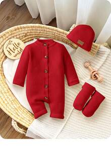 SHEIN Newborn Baby Girl Cute Knitted Jumpsuit, Footie & Hat Set, Versatile For Autumn/Winter
