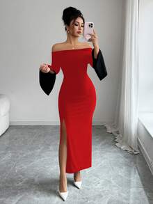 Elenzga 女士秋冬款开衩露肩长袖修身优雅派对连衣裙 - 紅色和黑色 - 查看 7