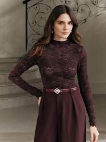 Anewsta High Quality Fashion Women's Embroidered Pleated Textured Mock Neck Long Sleeve Top - Purple - View 4