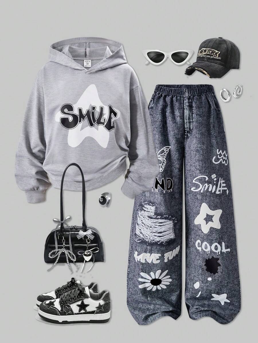 SHEIN ChillGRL 2pcs/Set Teen Girl Hoodie Sweatshirt With Printed Design & Printed Pants - Multicolor - View 1