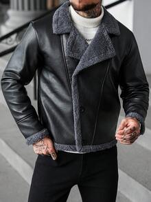 Manfinity CasualCool Giacca casual con fodera termica, collo a bavero, manica lunga, vestibilità ampia, adatta per uomo, in pelle nera, stile biker, per autunno/inverno, per uso quotidiano, tempo libero, weekend, attività all'aperto, viaggi, ambienti di lavoro rilassati o occasioni semi-formali, regalo per il fidanzato/marito, regalo per anniversario, Natale - nero - Visualizzare 6