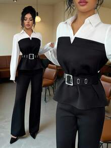 Elenzga 女士优雅时尚通勤二合一束腰长袖衬衫套装，秋冬款 - 黑與白 - 查看 1