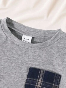 SHEIN Playful Pals Bộ quần áo sơ mi dài tay cổ tròn màu xám cho bé trai và quần kẻ caro tối màu, phong cách tối giản và gọn gàng, phù hợp cho các hoạt động ngoài trời, mua sắm và thường ngày, mùa xuân/thu - Màu xanh lam - Xem 6