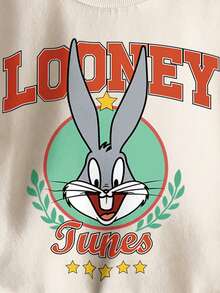 LOONEY TUNES X SHEIN 男童休闲时尚街头卡通字母图案撞色落肩宽松套头卫衣 - 白色 - 查看 3