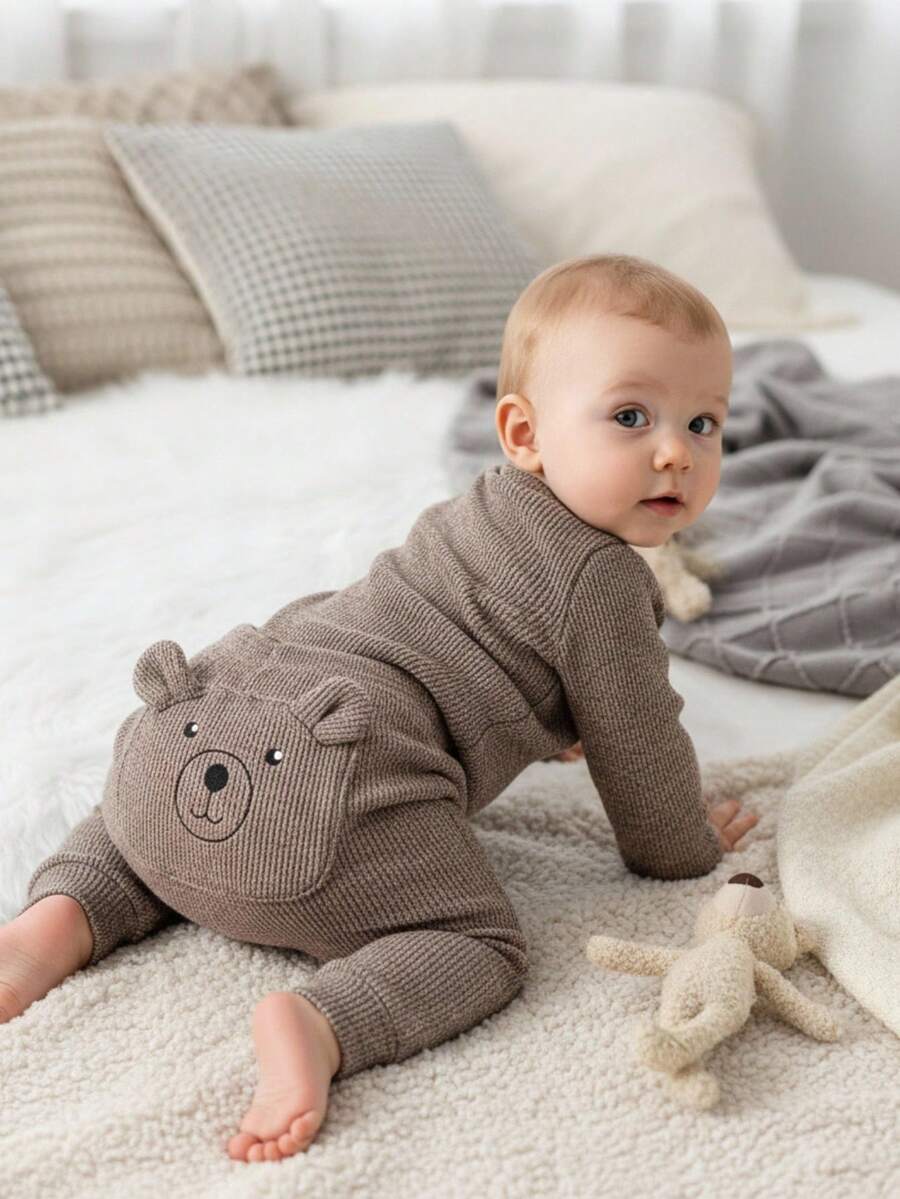 Souflis Souflis 2pcs Baby Boys' Knitted Crew Neck Long Sleeve Pants Pajama Set, Soft Comfy 3D Bear Cartoon Pattern Ribbed Fabric, Thick Winter Sleepwear