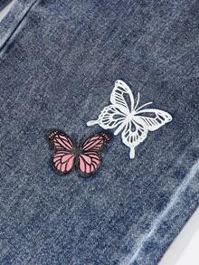 ChillGRL Tween Girl 不对称弹性腰部蝴蝶印花宽松舒适浅蓝色牛仔阔腿裤 - 中等水洗藍 - 查看 4