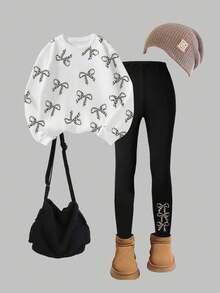 SHEIN ChillGRL 2pcs/Set Girls Casual Butterfly Print Fleece Crew Neck Long Sleeve Sweatshirt And Leggings Set, Winter, Holiday Outfits - Grey - View 1