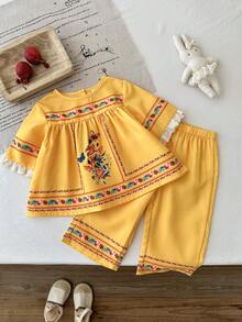 SHEIN 2pcs/Set Baby Girls' Casual Pattern Print Top And Pants Set, Suitable For Spring/Summer, Home, Outdoor, Holiday, Party, Daily Wear - Multicolor - View 4