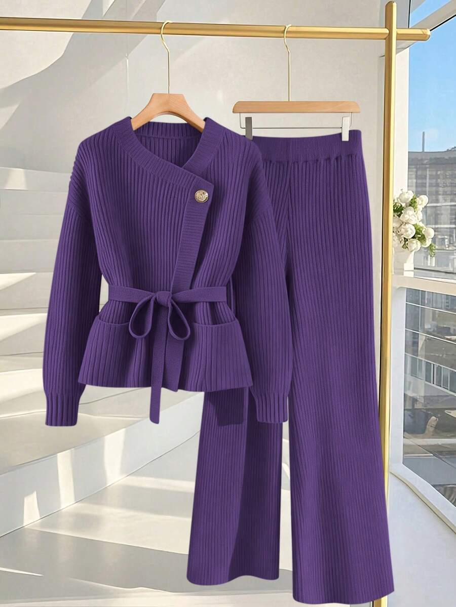 GlowEve New Elegant Pullover With Gold Buttons, European And American Style, Versatile, Minimalist Fashion Knitted Top And Knitted Pants - Purple - View 1