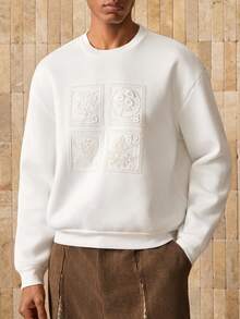 AKNOTIC 男士宽松圆领落肩长袖休闲镂空刺绣卫衣 - 白色 - 查看 1