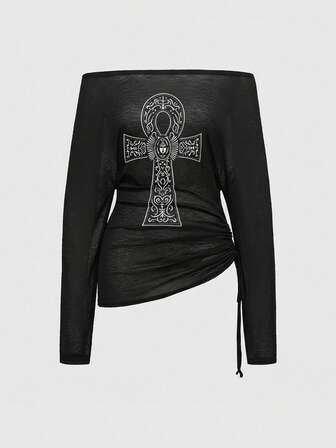 Goth Couvre-tout ample à manches longues, épaules dénudées, imprimé croix romantique punk, grande taille