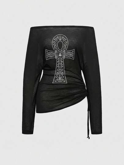 ROMWE Goth Plus Size Romantic Punk Cross Print Loose Long Sleeve Off Shoulder Sheer Cover Up