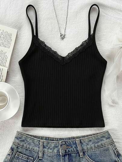 Tween Girl Solid Color Contrast Lace Ribbed Ballet Style Camisole