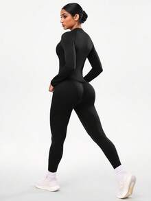 Seamluxe SHEIN Sport 女士无缝运动套装，专业户外健身夹克，紧身塑形瑜伽服，适合秋季穿着/专为户外跑步、瑜伽、普拉提和健身房锻炼设计/训练的理想之选 - 黑色 - 查看 6