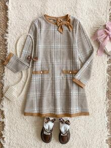 PrepCrw 1 件 Tween Girls 优雅都市棕色饰边舒适卡其色白色格子棕色蝴蝶结装饰圆领长袖连衣裙，适合休闲外出、聚会、节日、派对、秋季、冬季、圣诞节、万圣节 - 卡其色 - 查看 9