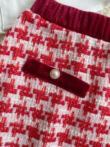 PrepCrw Conjunto de 2 piezas de blusa de manga larga con cuello blanco y decoración de lazo, y falda mini de pata de gallo roja para niñas preadolescentes, adecuado para salidas casuales, reuniones, vacaciones, fiestas, otoño/invierno, Navidad - Multicolor - Ver 8