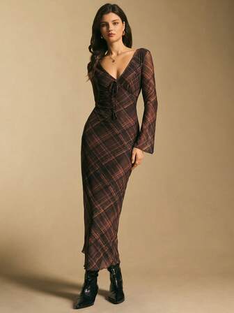 Poéselle 女士V领长喇叭袖格子系带修身连衣裙