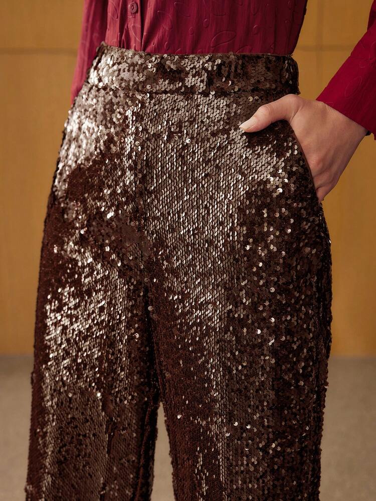 SEQUIN EMBROIDERED STRAIGHT-LEG PANTS