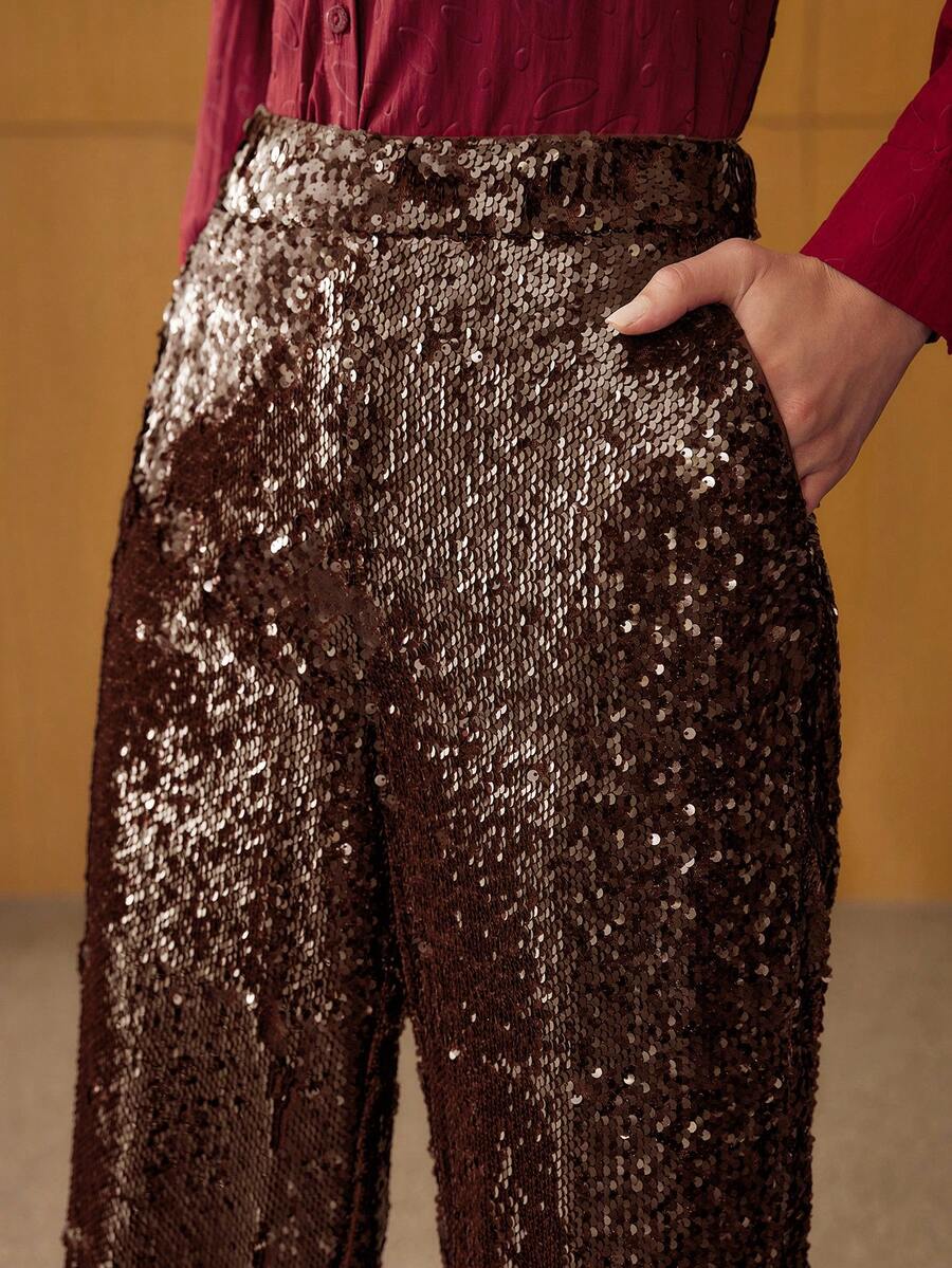MOTF PREMIUM SEQUIN EMBROIDERED STRAIGHT-LEG PANTS - Coffee Brown - View 2
