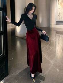 DAZY 女士休闲纯色A字裙，秋冬女裙新年圣诞款 - 酒紅色 - 查看 3