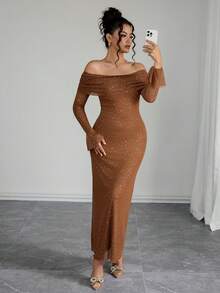 Rafferiza Women's Elegant Off-Shoulder Rhinestone Mesh Maxi Dress