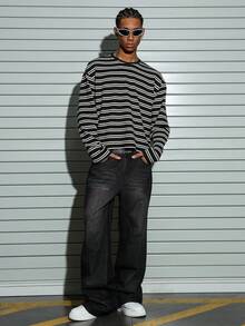 PAVTROS 男士休闲黑白条纹长袖针织T恤，街头风，朋友装，情侣装，宽松版型，男款，印花，日系风格，男女通用，我爱我的女朋友 - 黑與白 - 查看 4