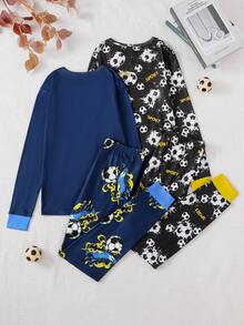 Spring/Autumn Football Element Pajama Set For Teen Boys Flame Football, Trophy Football Allover Print Snug Fit Sleepwear Set For Teen Boys, Comfortable Long Sleeve And Long Pants Casual Homewear 2 Pieces Set - Multicolor - View 2