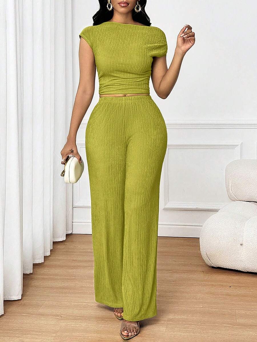 SHEIN Lady Women's Solid Color Ruched Asymmetric Neck Top And Wide Leg Pants Fashion 2-Piece Set Pants Two Piece Set Green Two Piece Set Ribbed Two Piece Set Lime Green Two Piece Comfortable Two Piece Set - Green - View 1