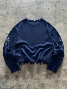 AXEPEAK Suéter holgado de cuello redondo con patrón de cruz de rhinestone y efecto desgastado para hombre - azul real - Ver 2