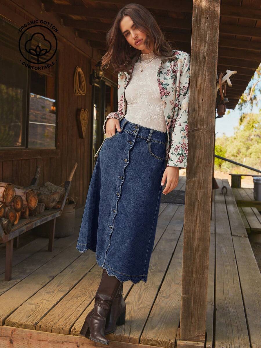 WESTFADE High Waist Scalloped Button Front Cotton Blend Denim A Line Midi Skirt Cute Fall , Casual, Autumn, Winter, Boho, Western Wear For Women, Country Concert - Dark Wash - View 1