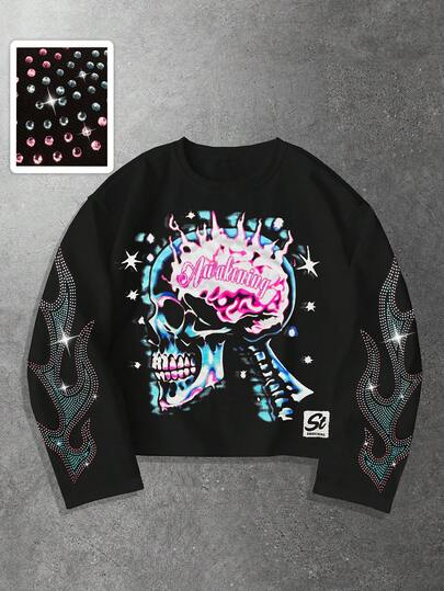 Men's Colorful Printed Long Sleeve T-Shirt With Rhinestone Decoration