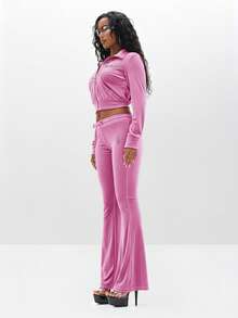 BABYPHAT Low Rise Velour Sweatpants With Rhinestone Embellishments For Women Comfortable Lounge Pants With Drawstring Waist And Flare Leg - Pink - View 3