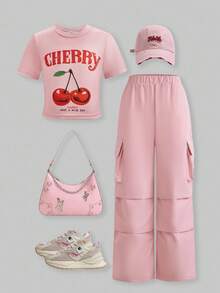 SHEIN ChillGRL 2件套（女童）樱桃印花短款T恤和工装裤套装 - 粉色 - 查看 1