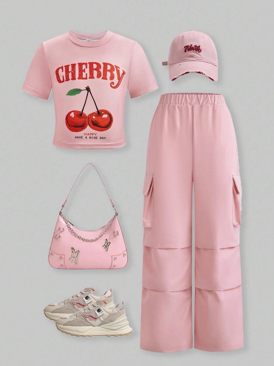 SHEIN ChillGRL 2件套（女童）樱桃印花短款T恤和工装裤套装 - 粉色 - 查看 1