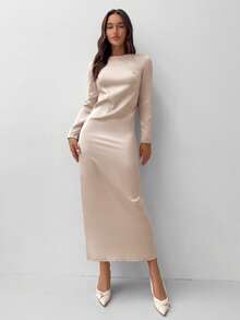 Aloruh Apricot Backless Textured Splice Plunging Neck Long Sleeve Bodycon Dress, Suitable For Parties, Balls, Winter, Valentine's Day, New Year,Winter Dresses,Valentine Outfits For Women ,New Year Dress,Elegant Dresses For Women - Apricot - View 3