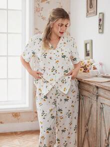 CottageSlumber Pink & Yellow Ditsy Floral Lapel Short Sleeve Pajama Set For Women