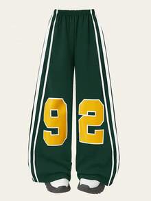 SHEIN Explorewe Casuvi Mädchen Tween Lässige Loose Fit Numerisch Streifenmuster Hose, geeignet für verschiedene Kombinationen, passend für den täglichen Lässig-Stil, Pendeln, Urlaub, Party im Frühling und Herbst