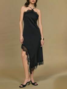 Poéselle Đầm cổ yếm ren tương phản viền bất đối xứng thanh lịch dành cho nữ - màu đen - Xem 3