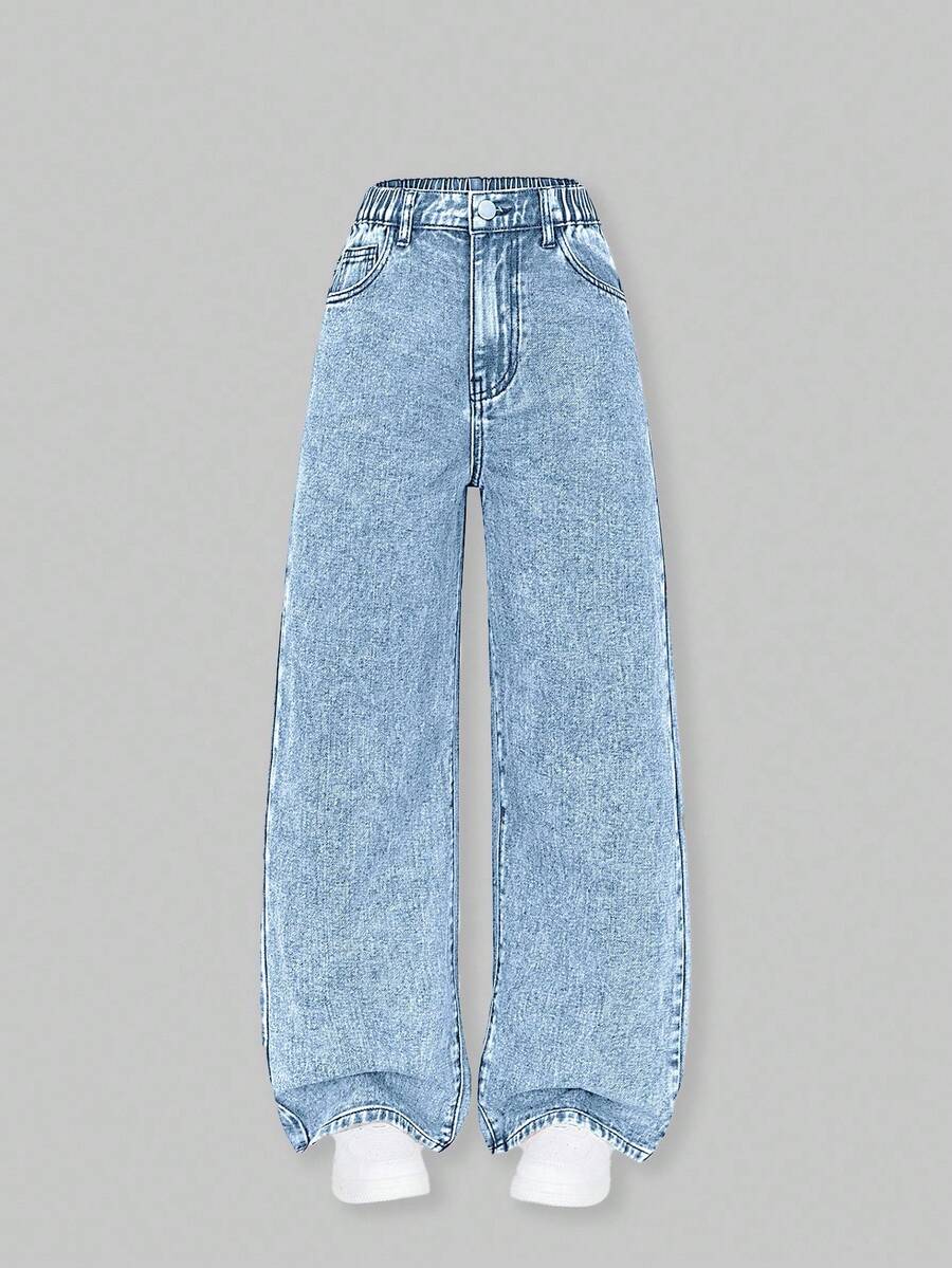 SHEIN ChillGRL Girls Y2K Vintage Washed Relaxed Straight Leg Jeans, Fashionable Casual Versatile - Light Wash - View 1