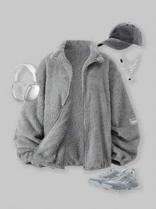 SHEIN ChillGRL 少女灰色立领字母标志休闲外套，双面羊毛拉链款式，适合秋冬季 - 灰色 - 查看 1