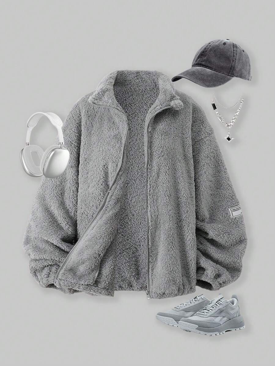 SHEIN ChillGRL 少女灰色立领字母标志休闲外套，双面羊毛拉链款式，适合秋冬季 - 灰色 - 查看 1