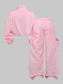 SHEIN ChillGRL 2件組 青少年女孩粉色柔軟抓絨高領夾克與工裝口袋褲套裝 冬季校園 Y2K 80年代休閒街頭風 秋季穿搭 - 粉色 - 查看 2