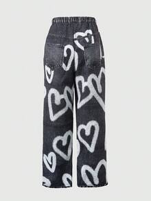 SHEIN ChillGRL Tween Girls' Heart Print Loose Wide Leg Casual Pants - Black - View 2